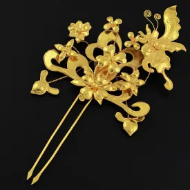 Handmade Miao Filigreed 2-Prong Flower and Butterfly Hair Stick Gold