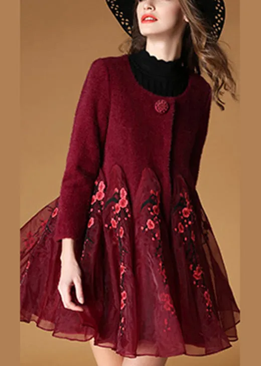 Handmade Mulberry Tulle Embroideried Patchwork Fall Woolen Coat