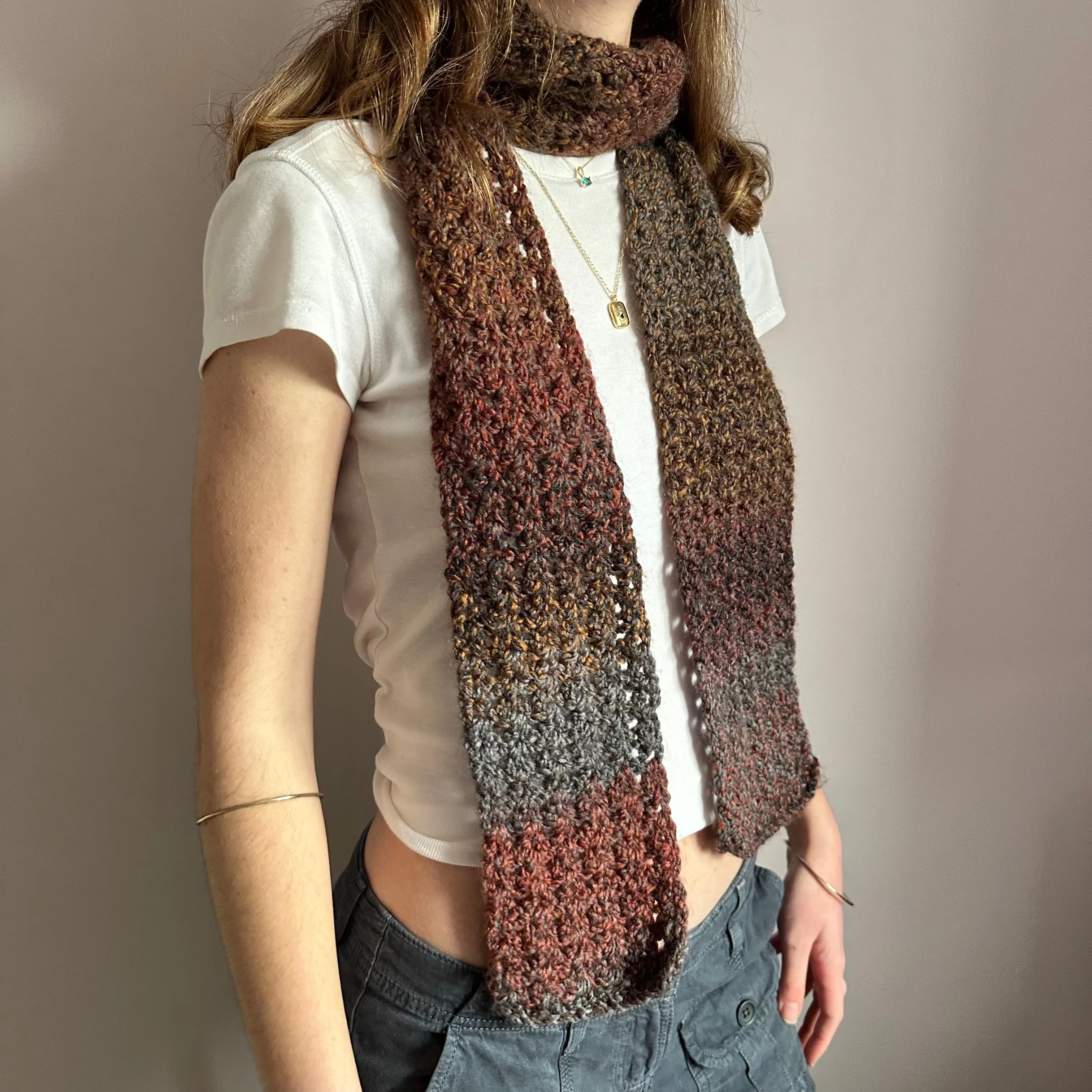 Handmade ombré brown, grey and orange crochet scarf