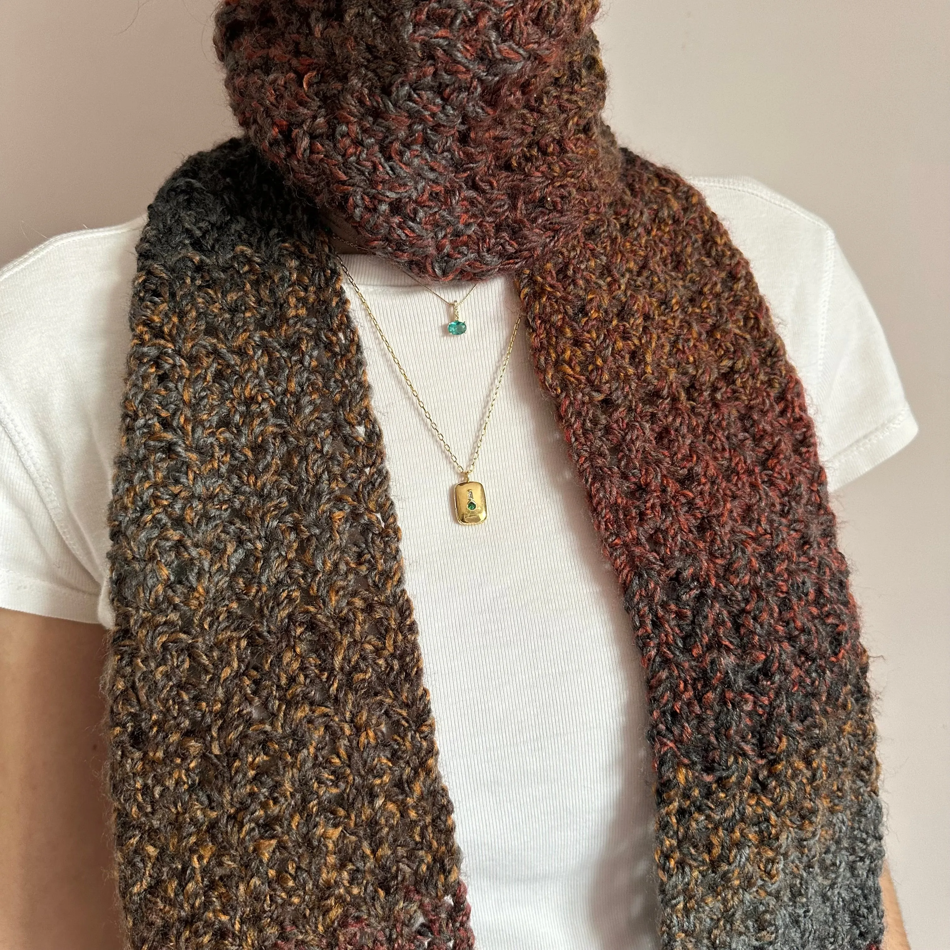 Handmade ombré brown, grey and orange crochet scarf