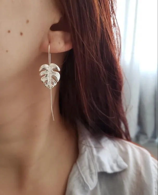 Handmade Palm Leaf Drop, Dangle Earrings, 925 Sterling Silver Fine Jewelry,  Monstera Leaves Design