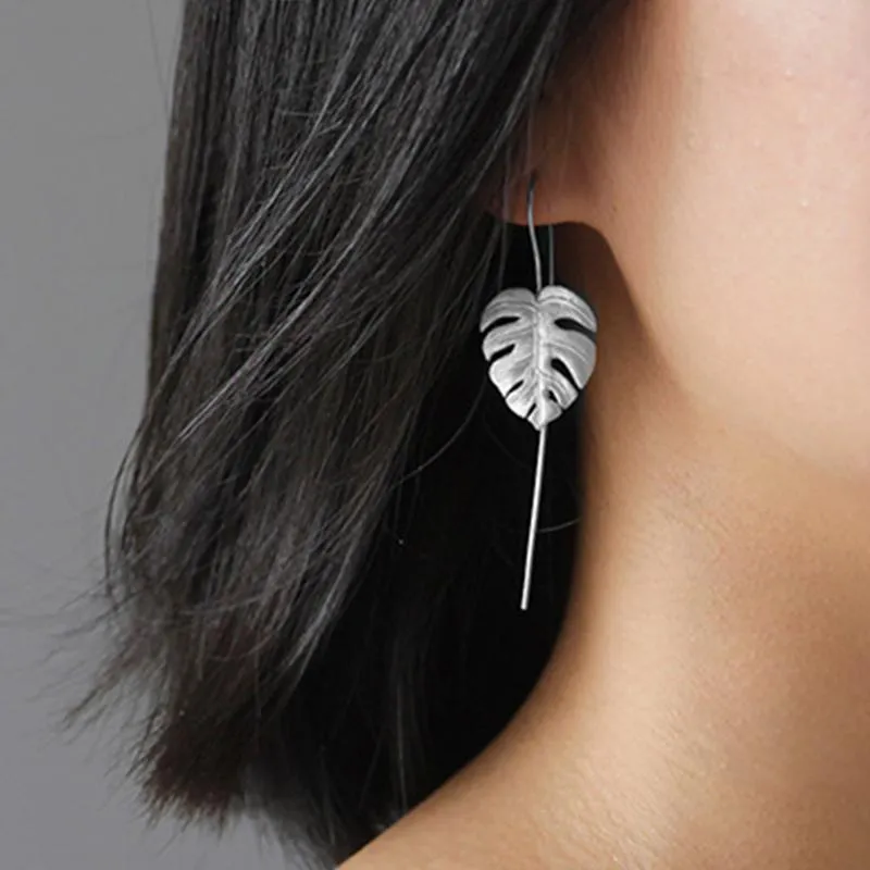 Handmade Palm Leaf Drop, Dangle Earrings, 925 Sterling Silver Fine Jewelry,  Monstera Leaves Design