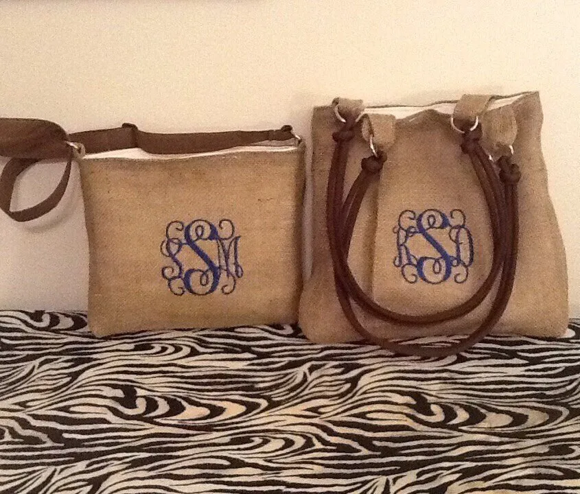 Handmade personalized Set of Mother Daughter Monogram Burlap shoulder Purses/Totes