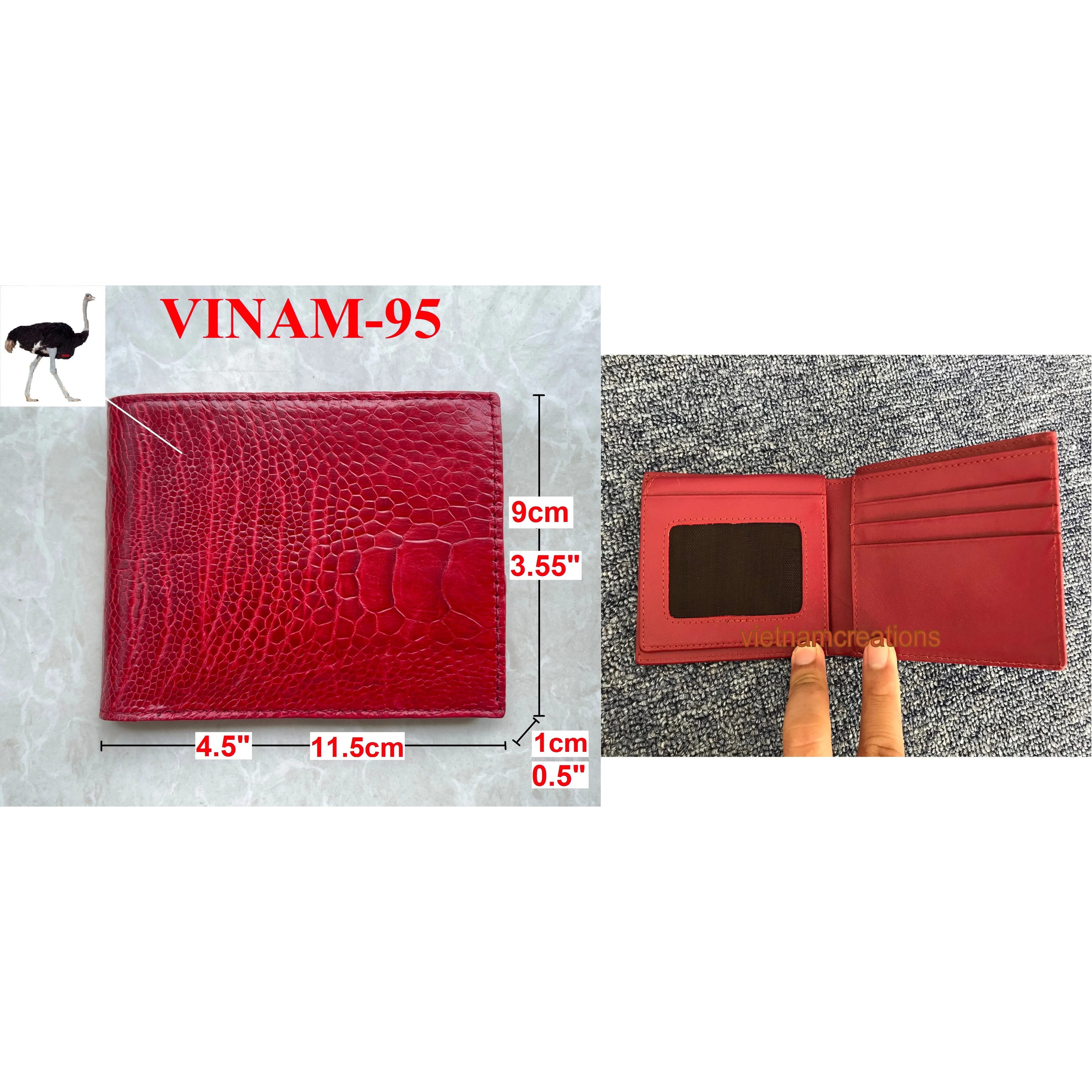 Handmade Red Slim Bifold Ostrich Leather Wallet RFID Blocking For Men | VINAM-95