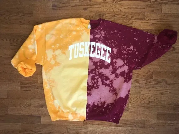 Handmade Tuskegee University Garnet Red Gold Hand Bleached Half and Half Crew Neck Unisex Sweatshirt