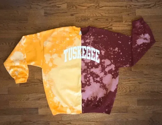 Handmade Tuskegee University Garnet Red Gold Hand Bleached Half and Half Crew Neck Unisex Sweatshirt