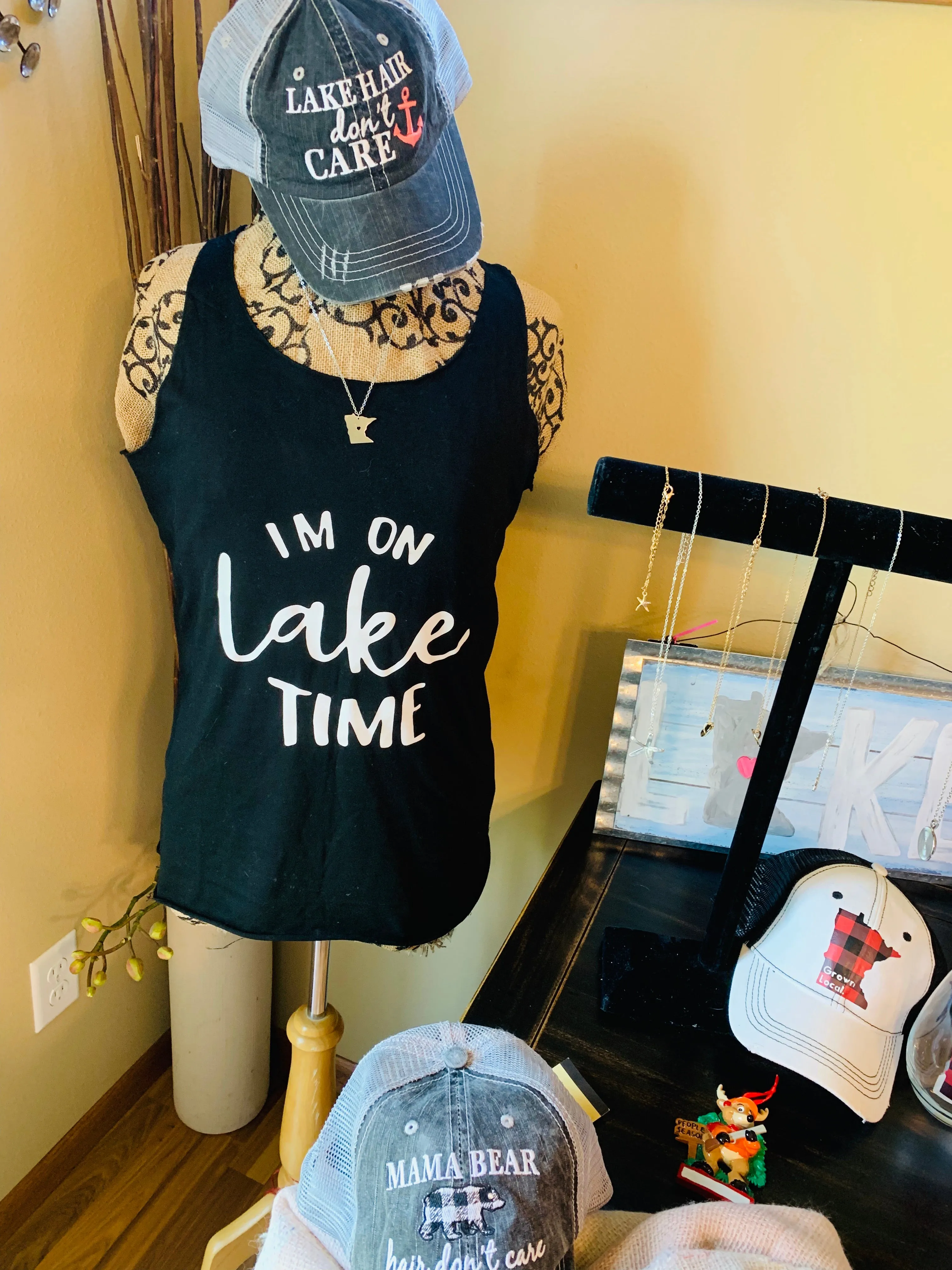 Hats and clothing { I’m on lake time } Black • S - 3XL • Tank tops