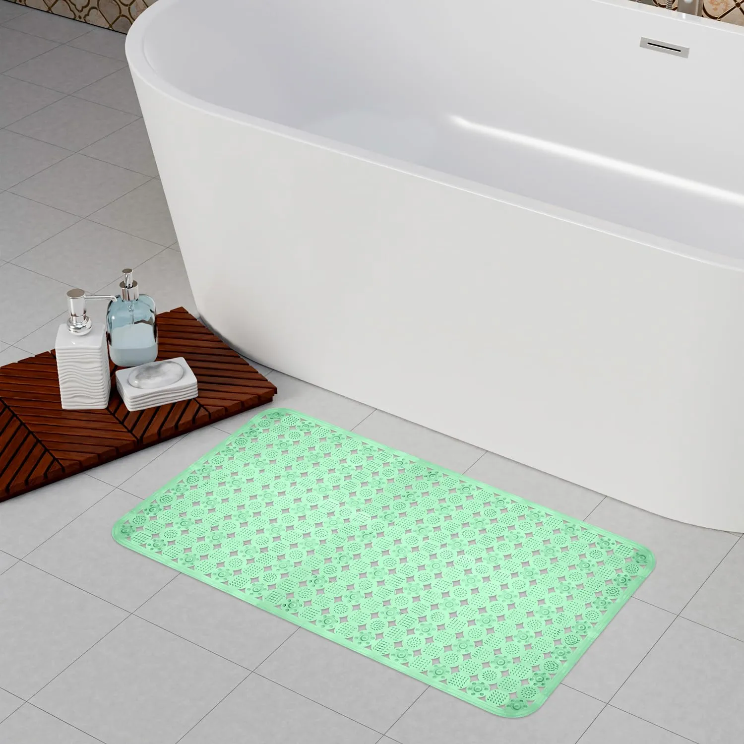 Heart Home Bath Mat | PVC Bathroom Mat | Shower Bath Mat | Transparent Round Check Floor Tub Mat | Foot Massager Mat | Anti-Skid Floor Mat | Shower Mat | Green