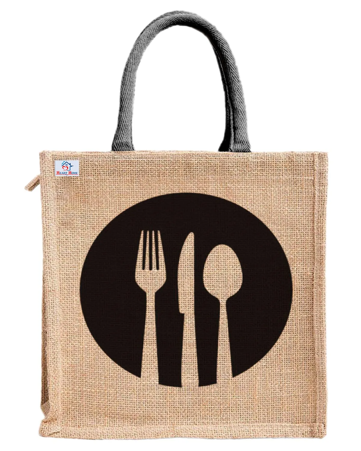 Heart Home Fork Knife Print Jute Reusable Eco-Friendly Hand Bag/Grocery Bag For Man, Woman With Handle Pack Of 2 (Black) 54HH4356.