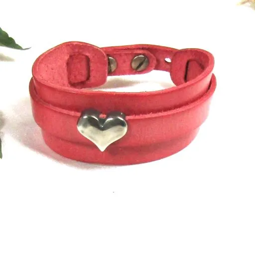 Heart Red Wide Leather Cuff Bracelet for a Woman