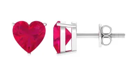 Heart Shape Solitaire Earrings with Created Ruby