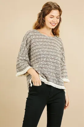 Heathered Striped Knit Bell Sleeve Round Neck Top in Khaki