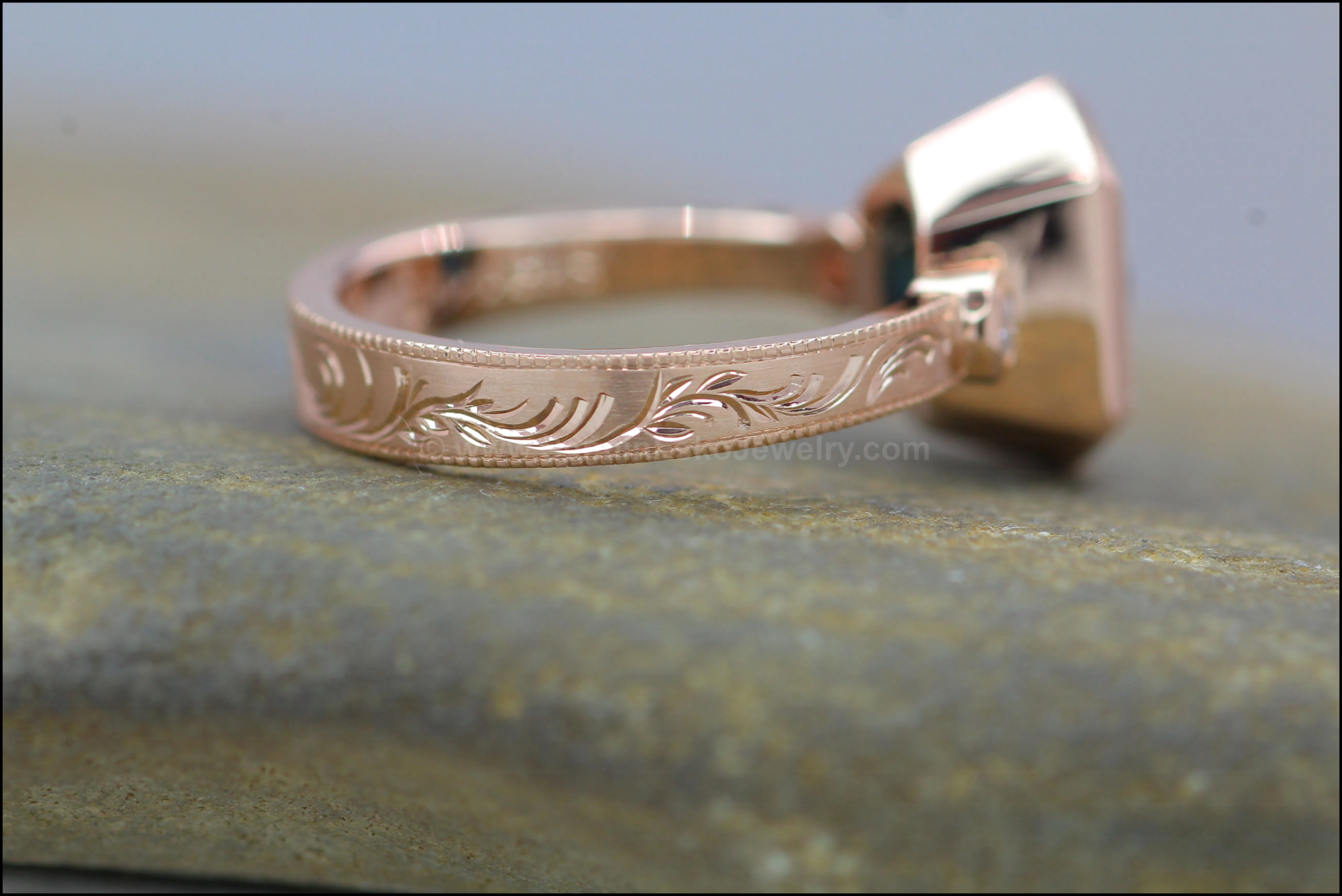 Heavy Weight Rose Gold Branches & Leaves Engraved Multi Bezel Setting - Fantasy Cut 2.6 Carat Parti Sapphire Depicted (Setting Only, Center Stone Sold Separately)