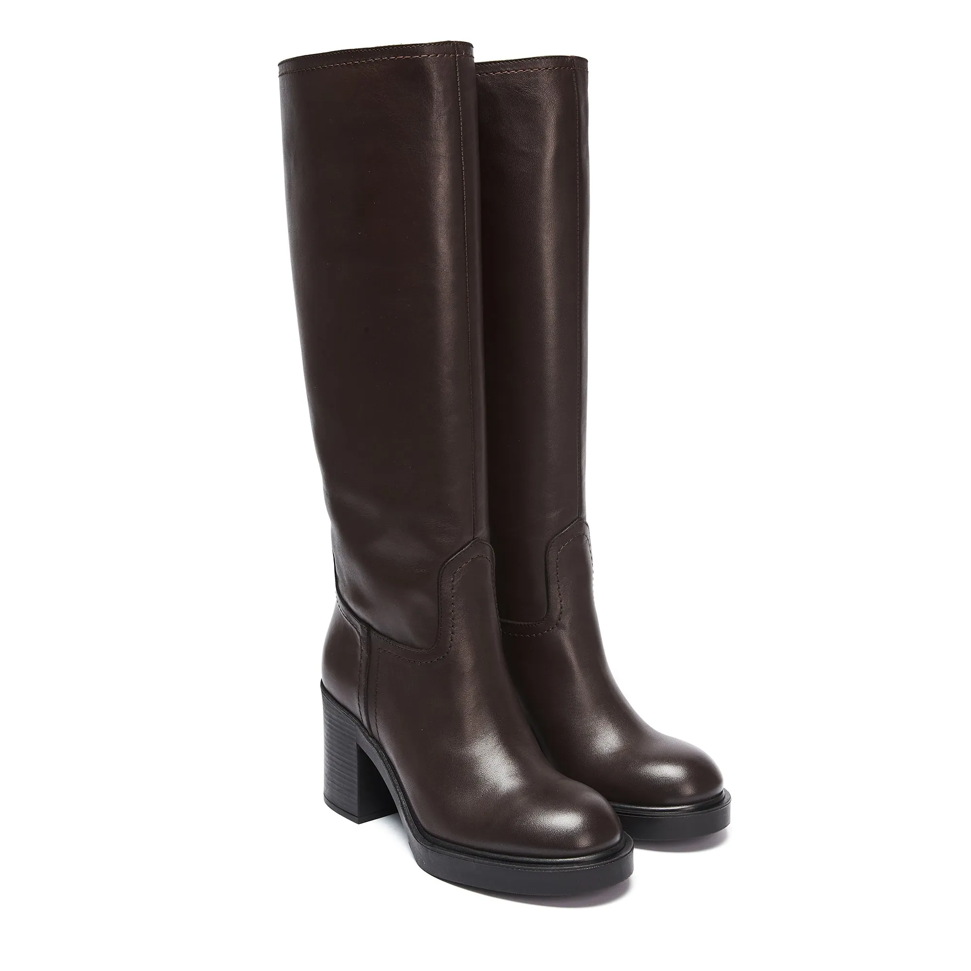 Heeled high tubular boot dark brown