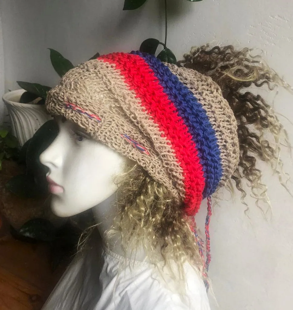 Hemp Summer Sun Beanie Hemp Knit Tube Hat Women Men Handmade Unisex Dreads Long Tube Slouchy hat