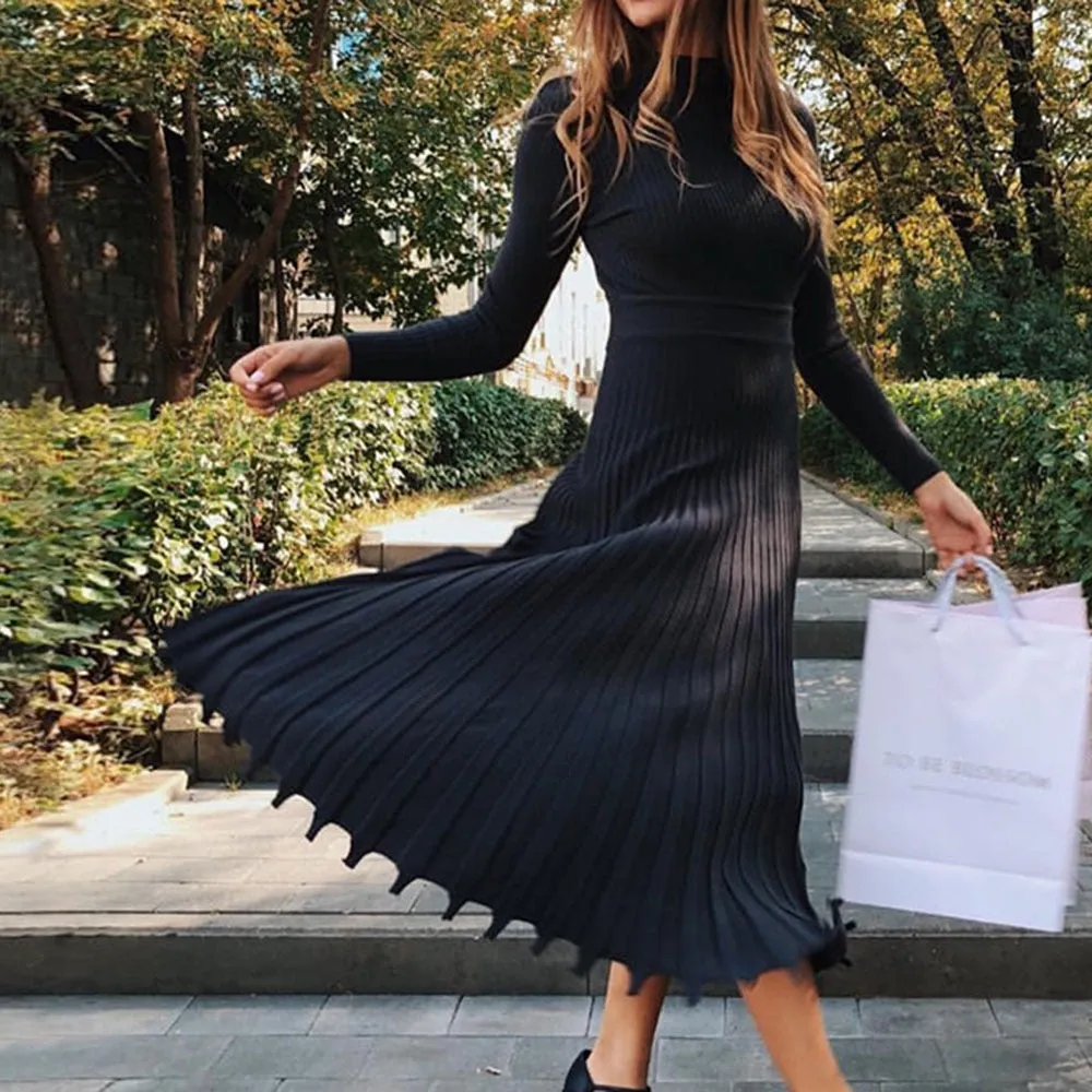 High-end Pleated Retro A-Line Sweater Dress