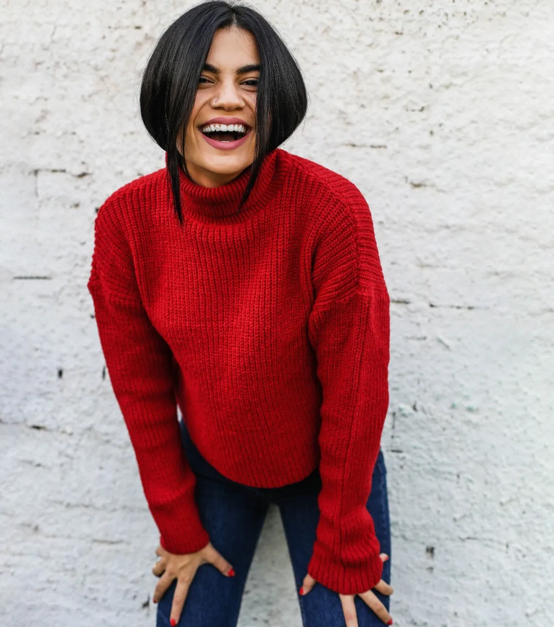 High Neck Cropped Pullover Red