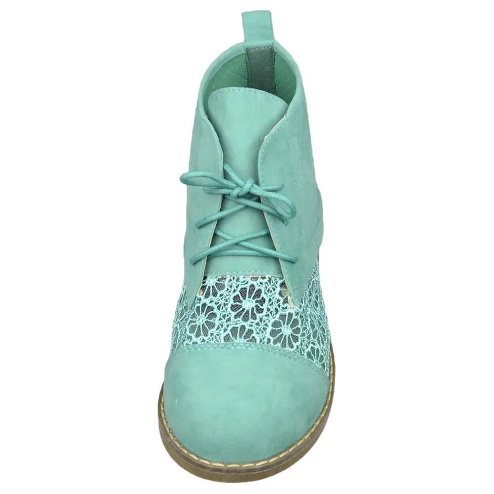 High Top Ankle Shoes For women Embroidered Flower Lace Up Oxford Green