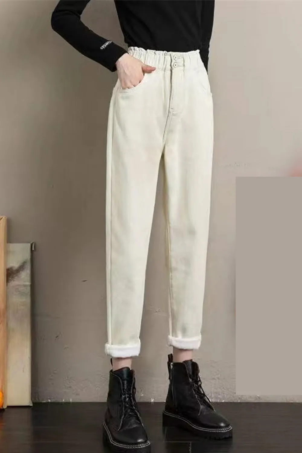 High Waist Ankle Length Fleece Side Jeans Pants