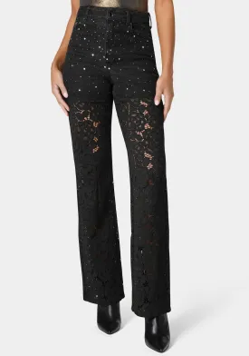 High Waist Embellished Lace Wide Leg Jeans