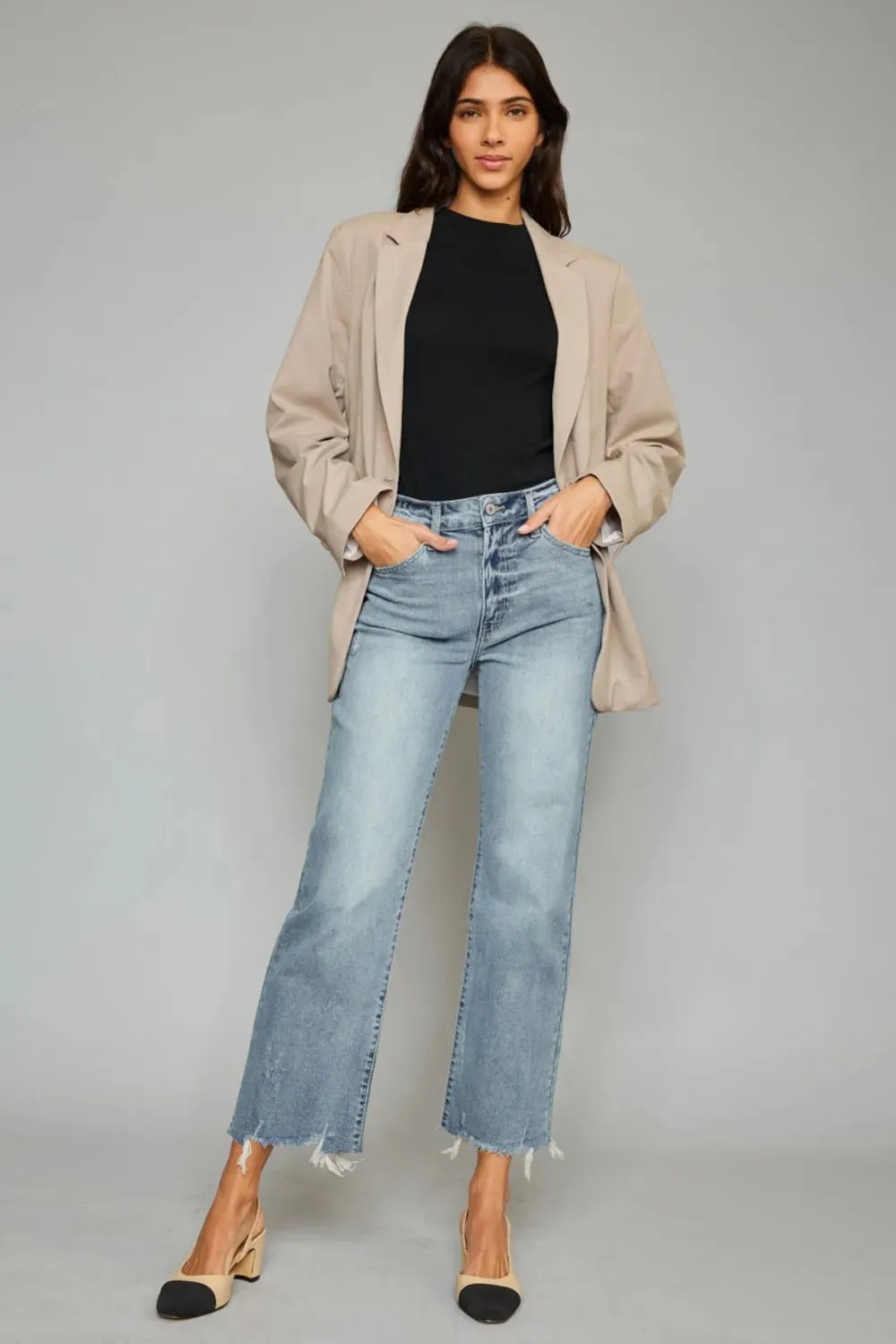 High Waist Raw Hem Cropped Wide Leg Jeans