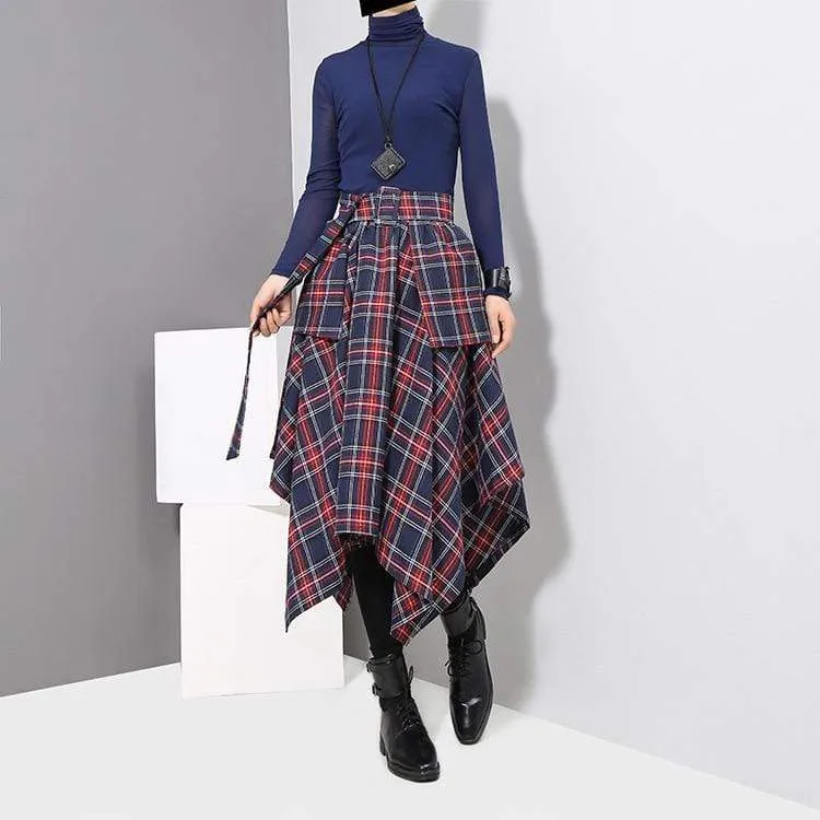 High Waist Red Plaid Asymmetrical Skirt | Millennials