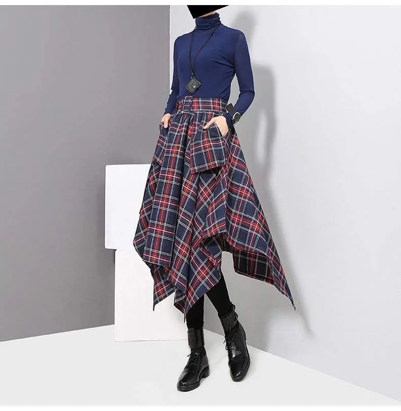 High Waist Red Plaid Asymmetrical Skirt | Millennials