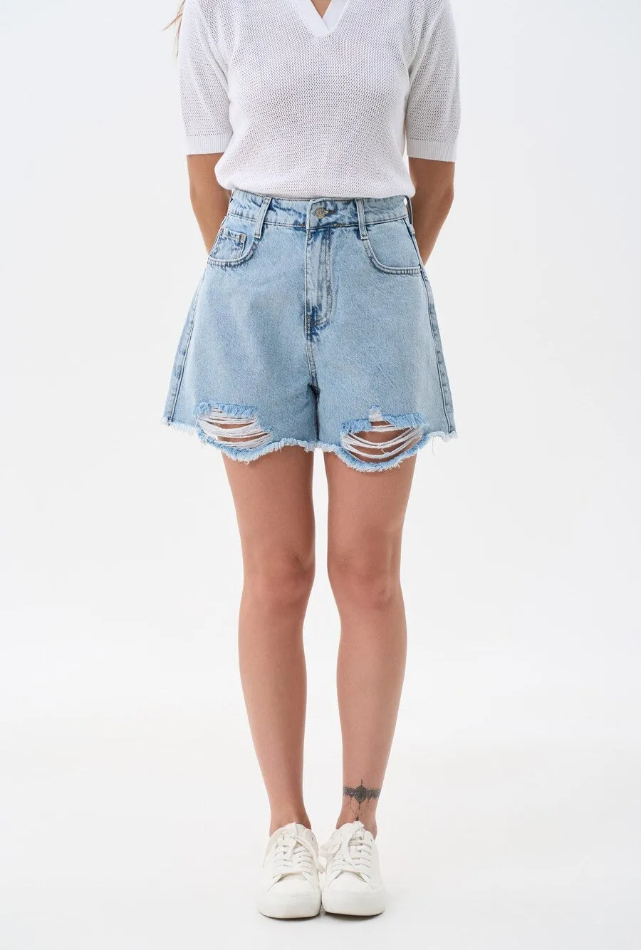 High Waist Ripped Blue Denim Shorts