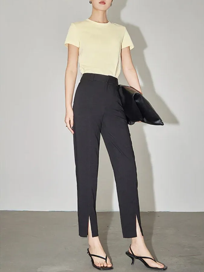 High Waist Slit Hem Straight Ankle Pants_BDHL4327