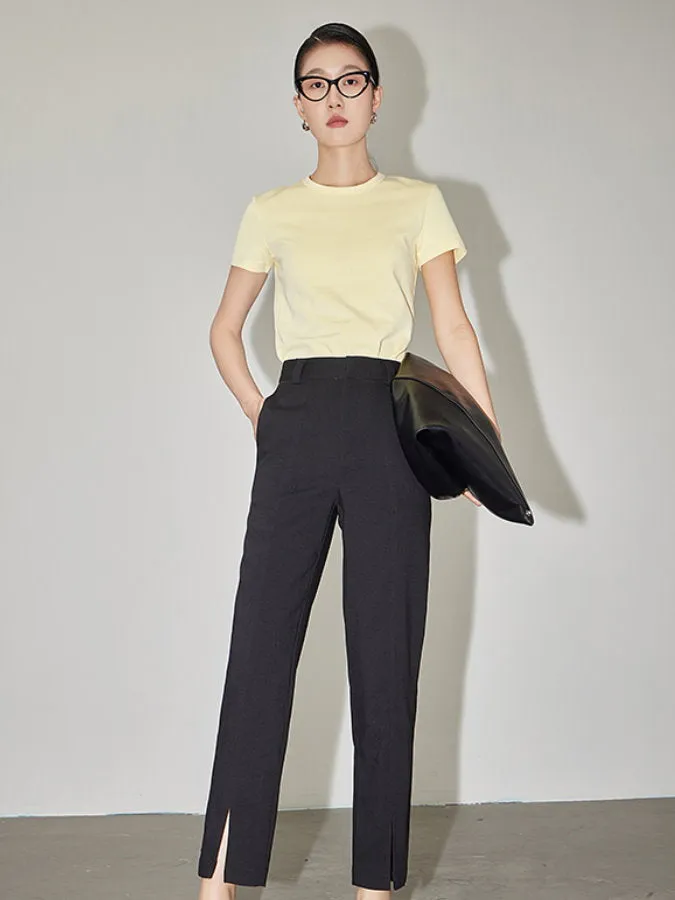 High Waist Slit Hem Straight Ankle Pants_BDHL4327