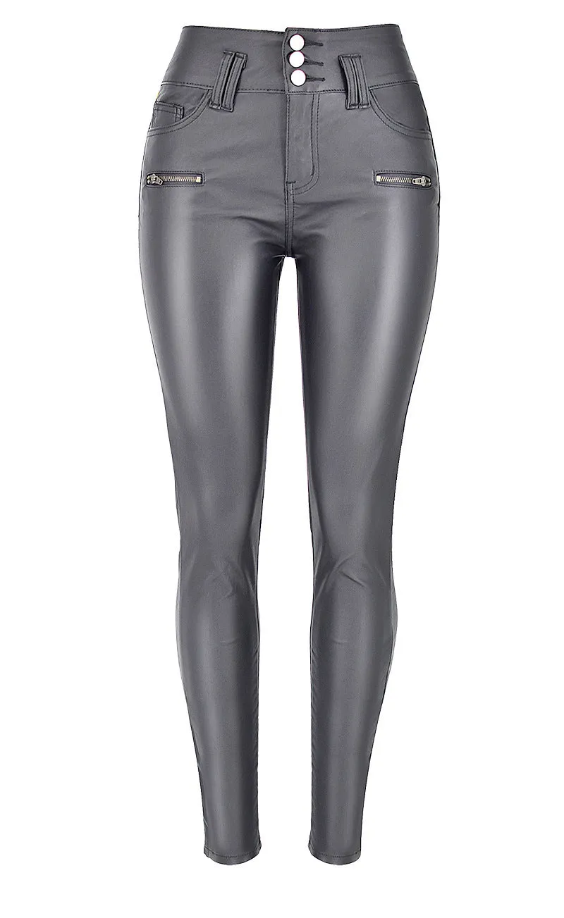 High-waist Stretch-coated Imitation Leather Pants