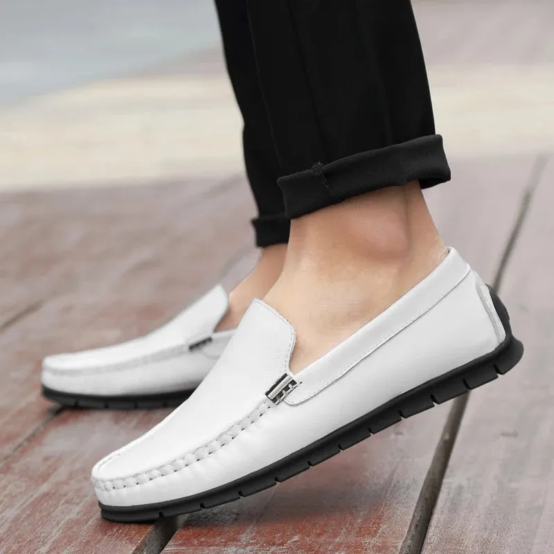 Hnzxzm Fashion Genuine Leather Men Business Formal Dress Shoes Black White Youth Luxury Brand Cow Leather Boys Moccasin Loafers