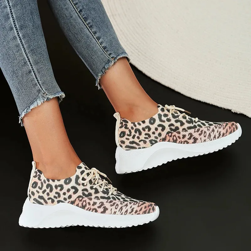 Hnzxzm New Leopard Knitted Sneakers Women Lightweight Breathable Running Shoes Woman Non Slip Casual Flats Shoes Size 43