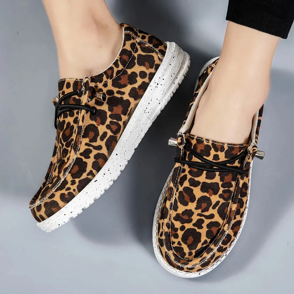 Hnzxzm Women's Flat Lace Up Loafers Leopard Print Lightweight Canvas Shoes Woman Comfortable Breathable Casual Walking Shoes Plus Size