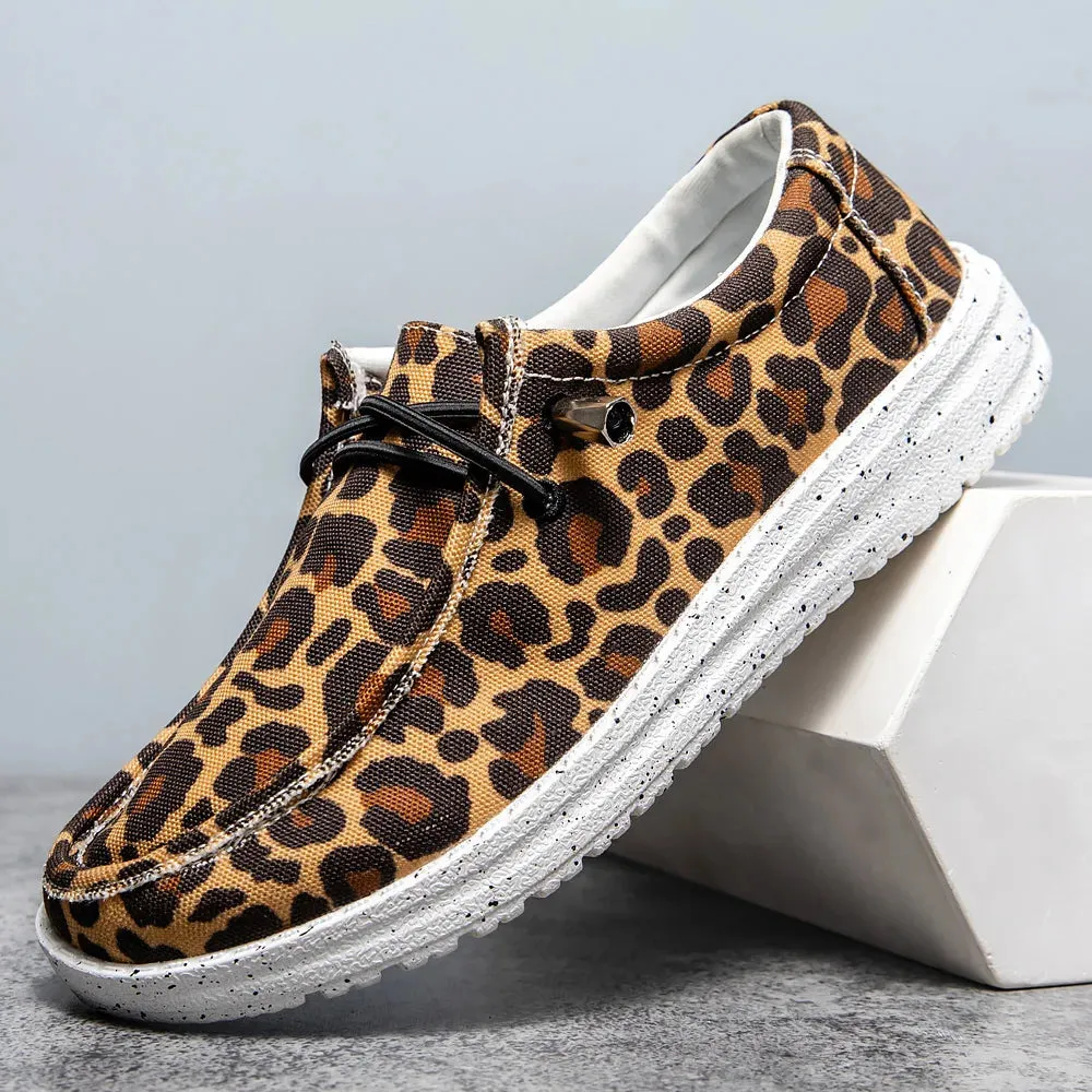 Hnzxzm Women's Flat Lace Up Loafers Leopard Print Lightweight Canvas Shoes Woman Comfortable Breathable Casual Walking Shoes Plus Size