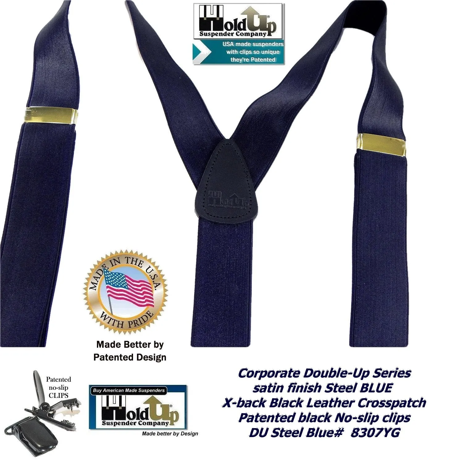 HoldUp Brand Dark Steel Blue Satin Finished Corporate Series Y-back Suspenders in Dual clip Double-Up style