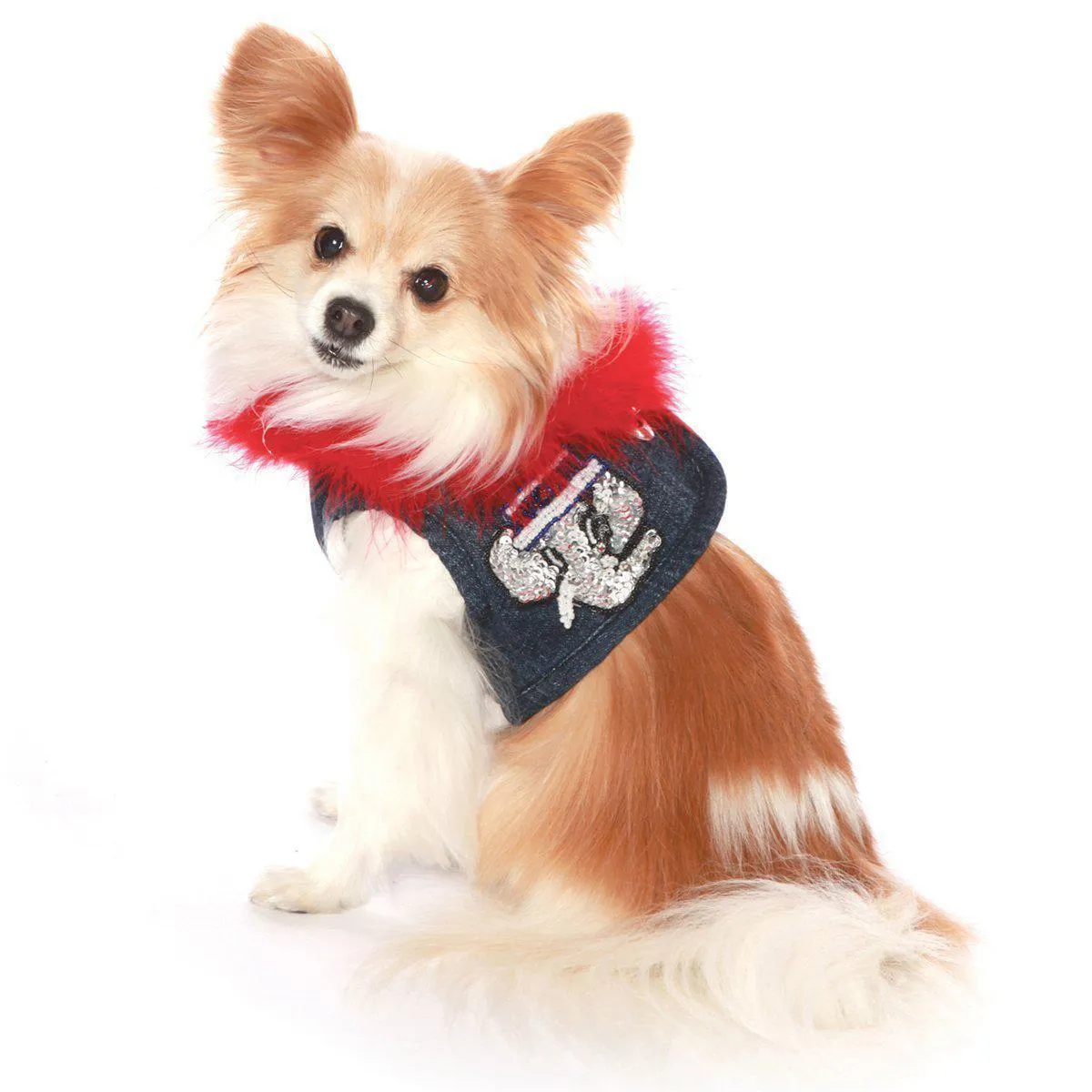 Hollywood Denim Dog Harness Vest With Boa Collar