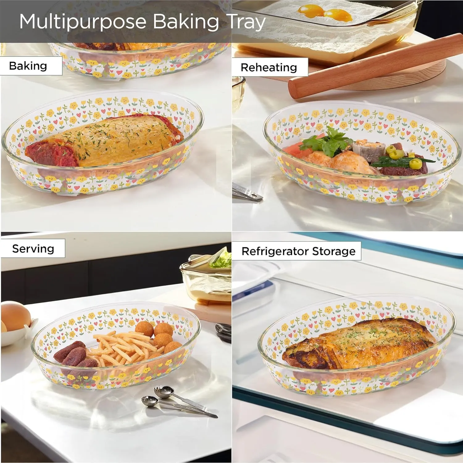 Homestic 1600 ml Borosilicate Printed Glass Baking Tray | Transparent Microwave Oven Safe Utensils | Oval Bread Moulds for Baking | Dishwasher & Freezer Safe | Multipurpose use Serving Tray