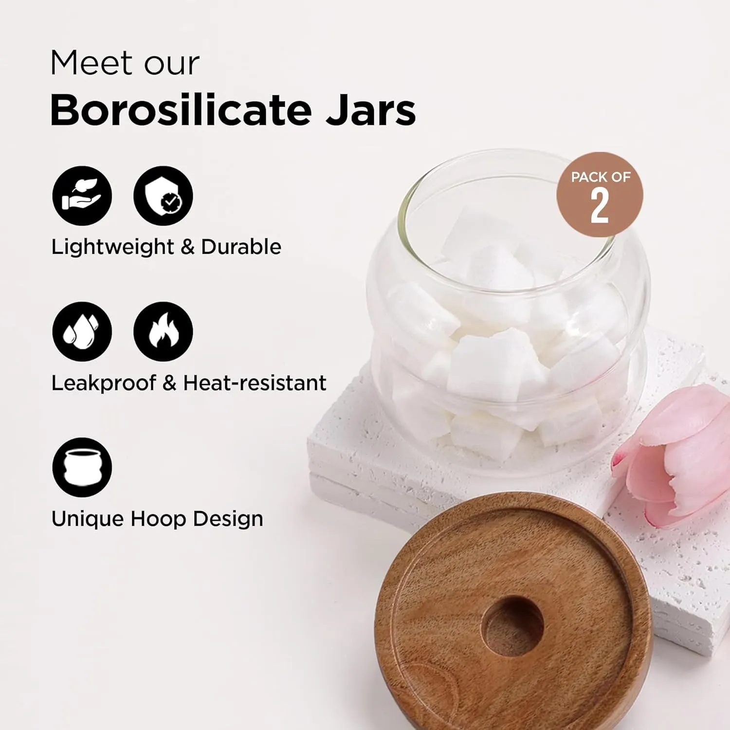 Homestic Borosilicate Glass Jar with Bamboo Lid | Kitchen Organizer Items & Storage | Multi-utility, Leakproof, Airtight Storage Jar for Cookies, Snacks, Tea, Coffee, Sugar | Set of 2 (340ml)