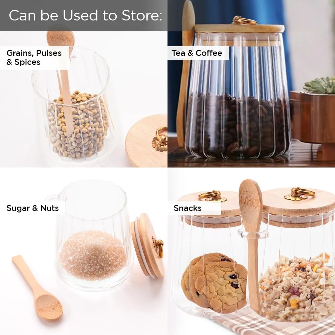 Homestic Borosilicate Glass Jar with Bamboo Lid | Kitchen Organizer Items & Storage | Multi-utility, Leakproof, Airtight Storage Jar for Cookies, Snacks, Tea, Coffee, Sugar | Set of 2 (635ml)