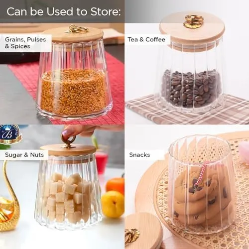 Homestic Borosilicate Glass Jar with Bamboo Lid | Kitchen Organizer Items and Storage | Multi-utility, Leakproof, Airtight Jar for Cookies, Snacks, Tea, Coffee, Sugar | 620 ml | Pack of 4