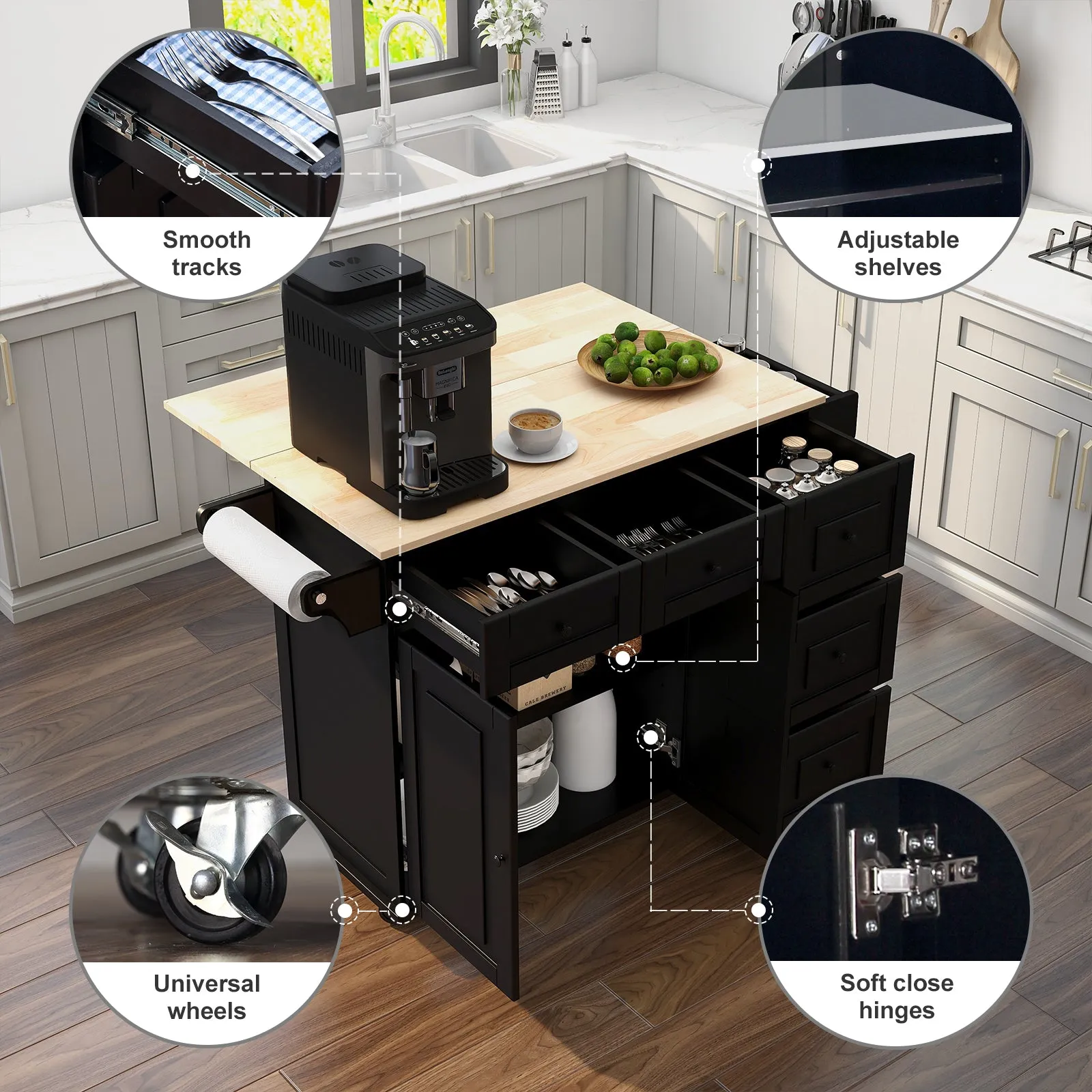 Homrest Rolling Kitchen Island on Wheels with Drop Leaf, Rack and Drawer, Black