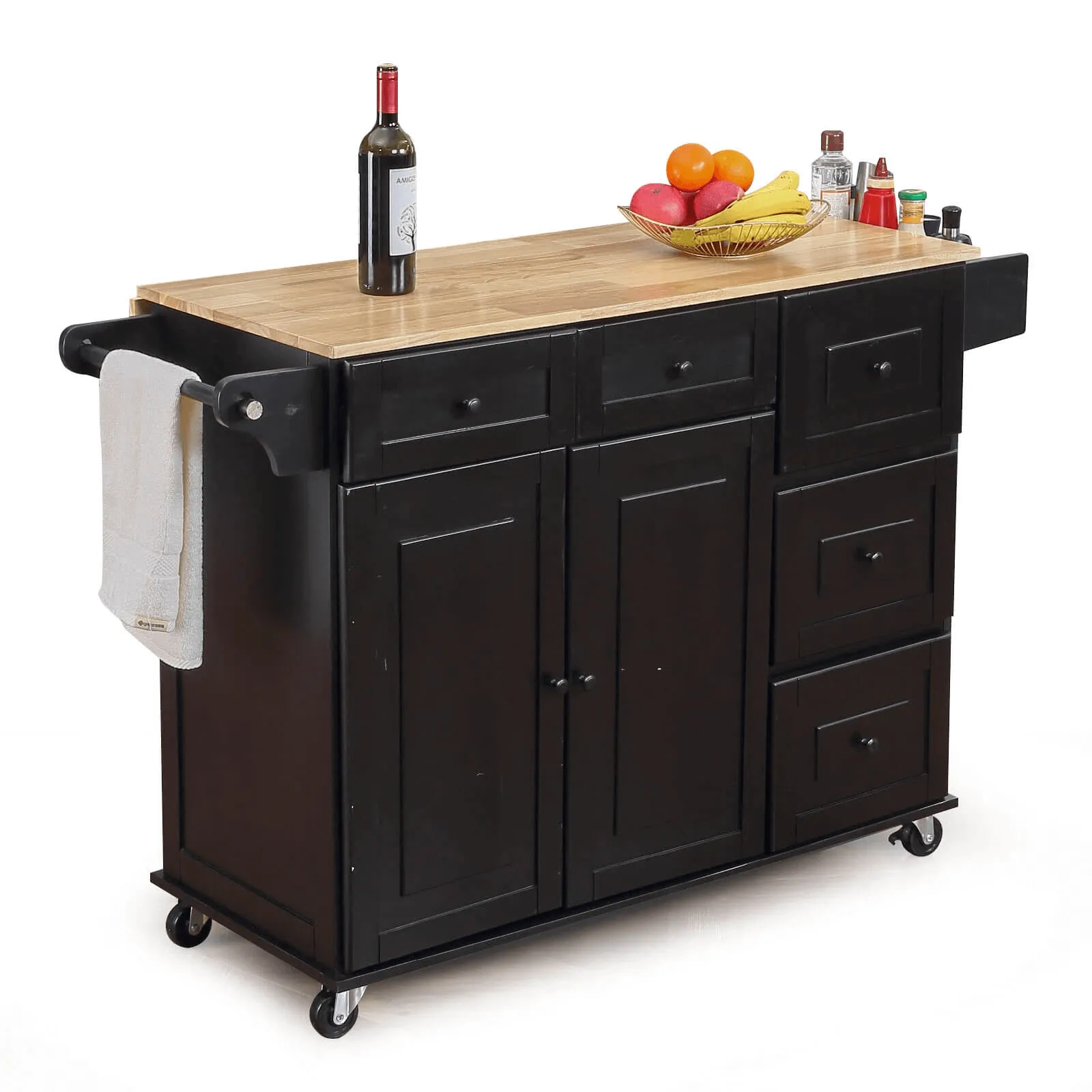 Homrest Rolling Kitchen Island on Wheels with Drop Leaf, Rack and Drawer, Black