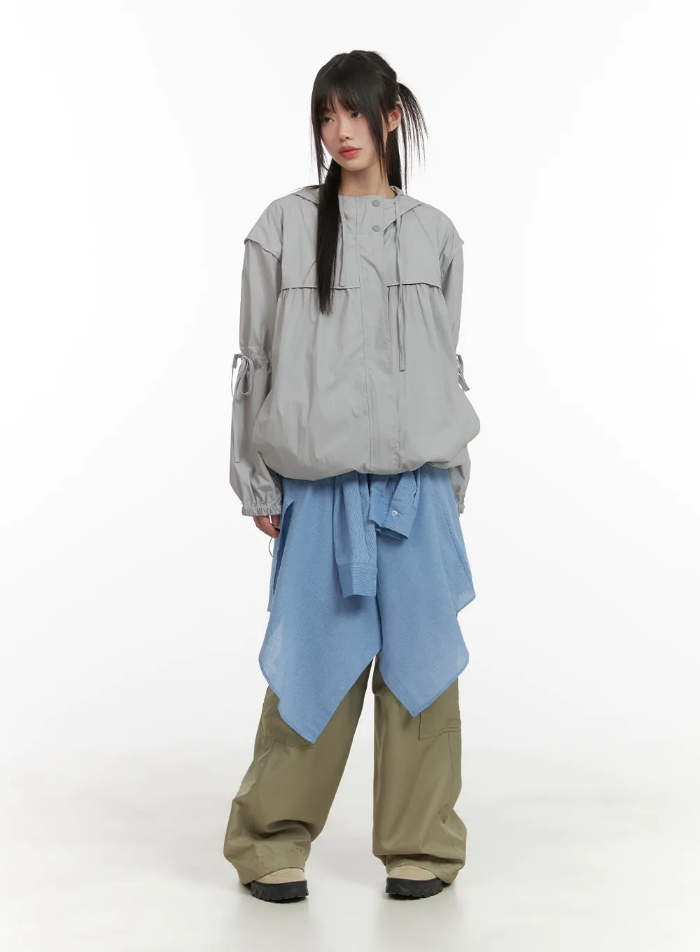 Hooded Drawstring Oversized Windbreaker CA418