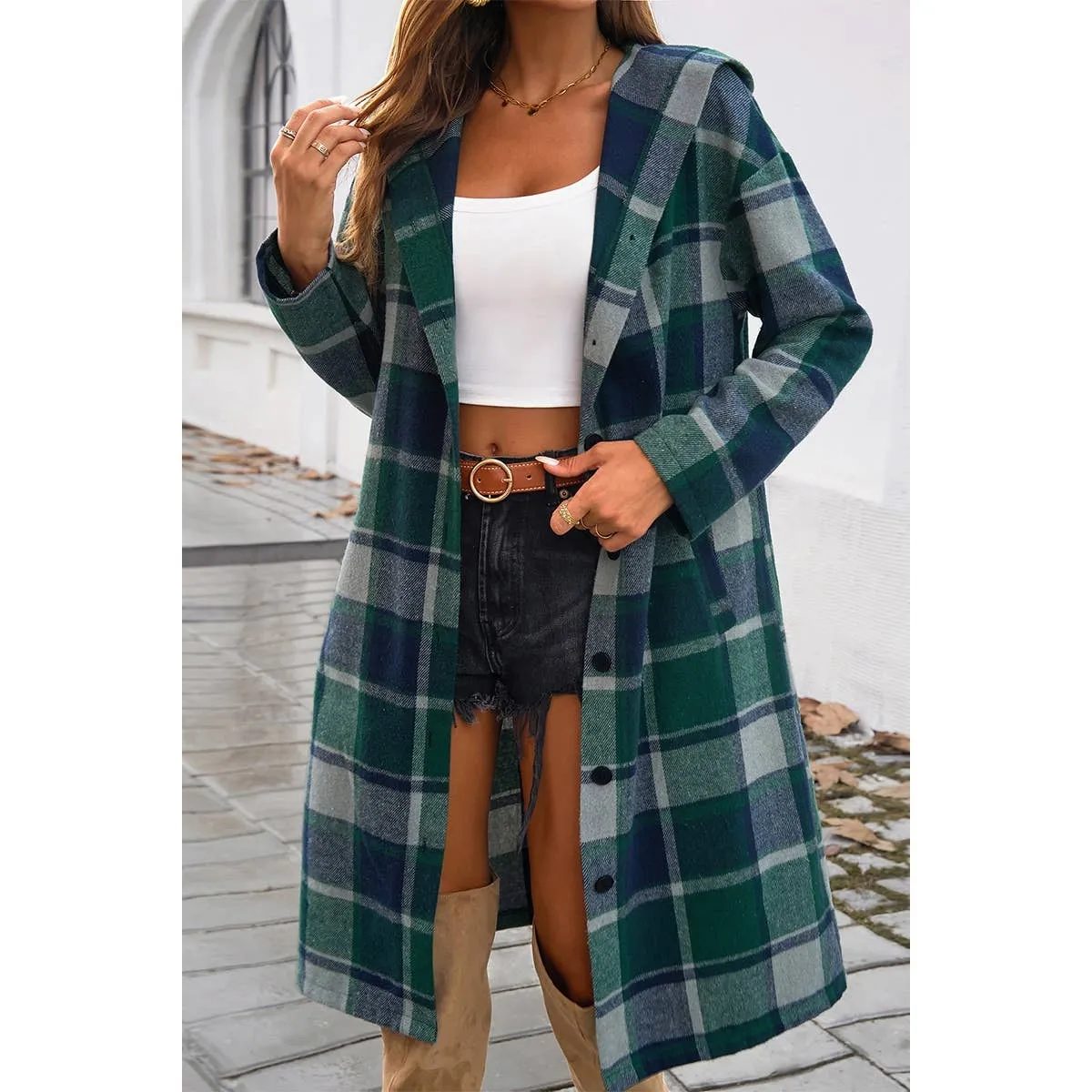 Hooded Flannel Trench Coat - Green Plaid