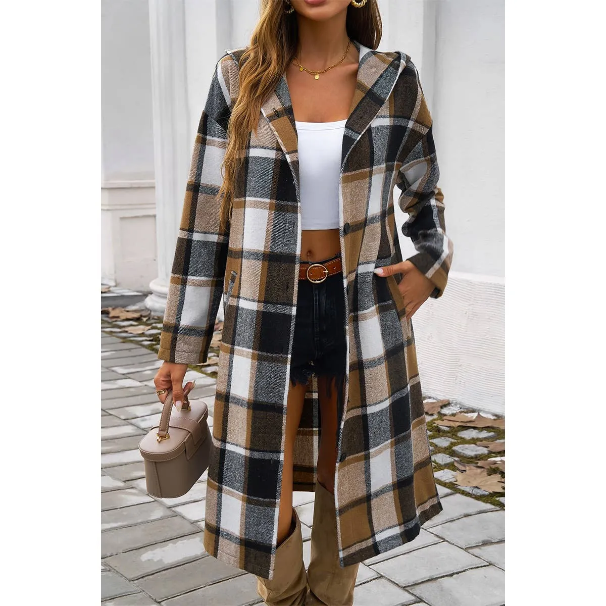 Hooded Flannel Trench Coat - Khaki Plaid