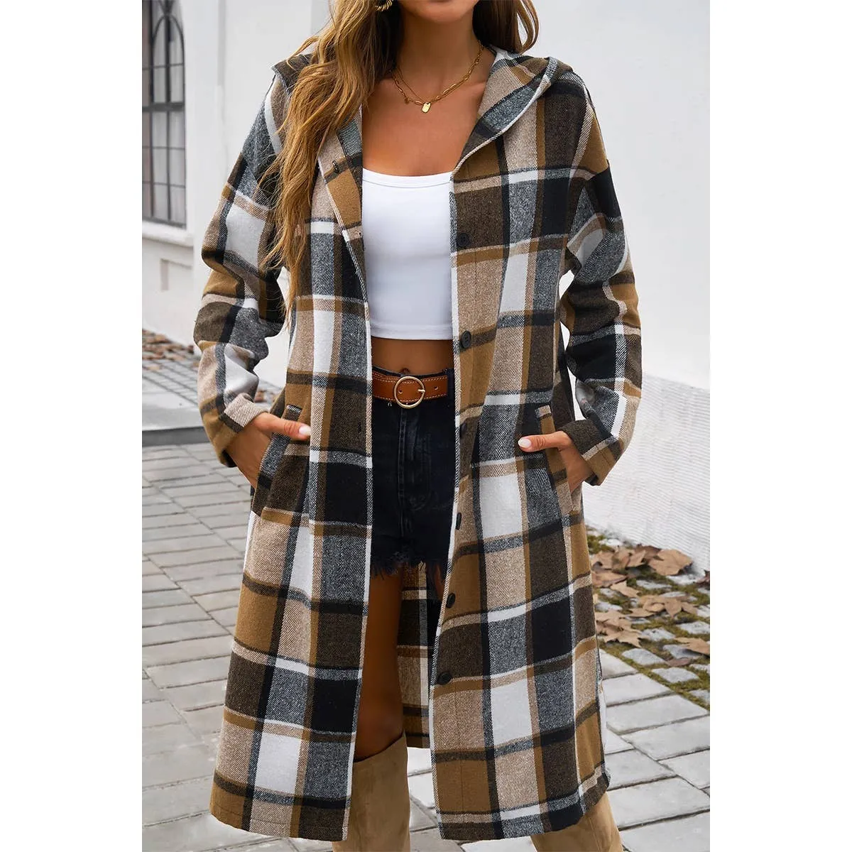 Hooded Flannel Trench Coat - Khaki Plaid