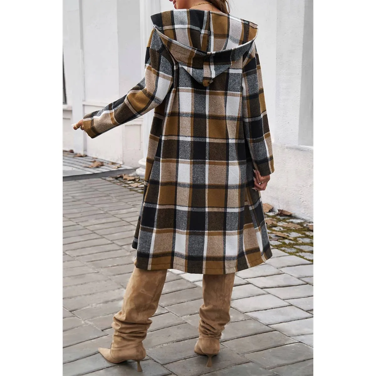 Hooded Flannel Trench Coat - Khaki Plaid