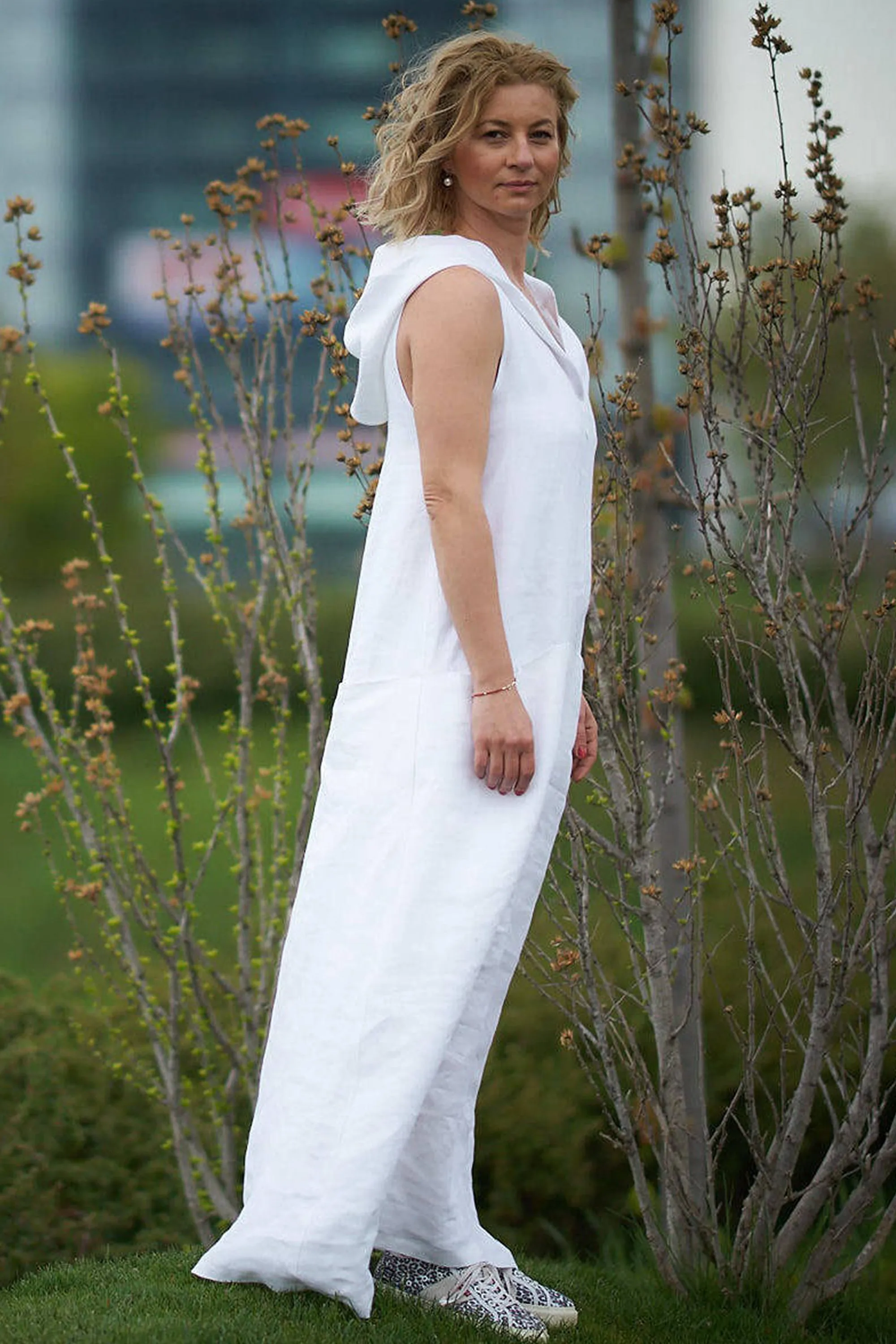 Hooded Linen Maxi Dress with Pockets