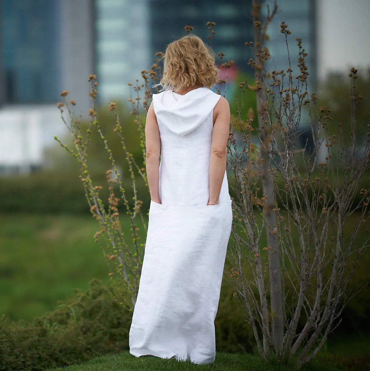 Hooded Linen Maxi Dress with Pockets